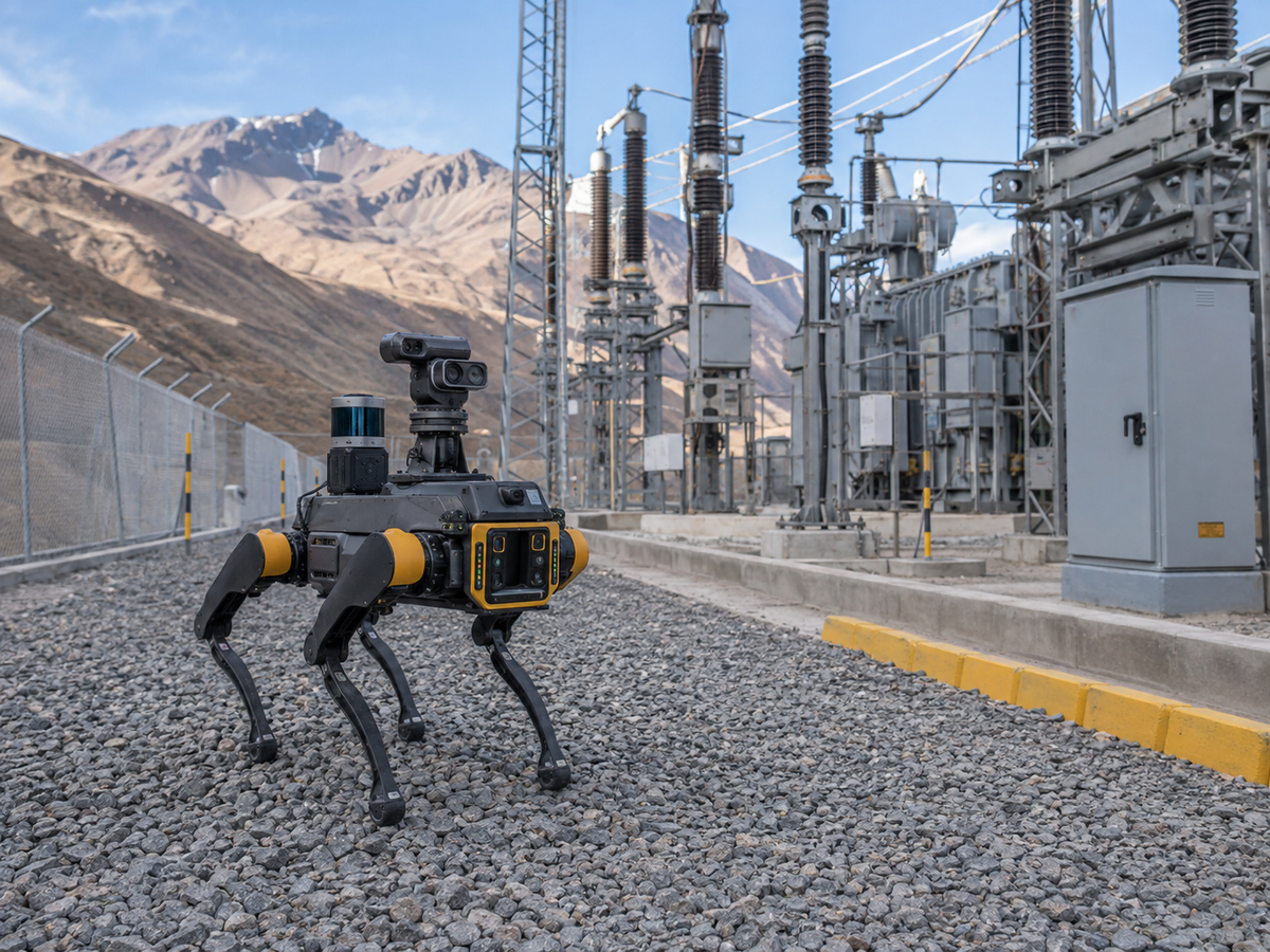 Robot cuadrúpedo inspeccionando una subestación eléctrica en una operación minera